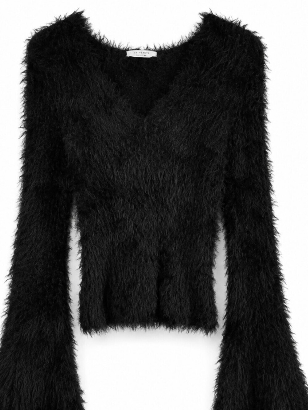 L. A. Hearts Black Fuzzy Eyelash Sweater Bell Sleeve Soft Knit Top Medium EUC